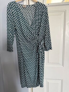 Anne Klein Teal and White Geometric Wrap Midi Dress
